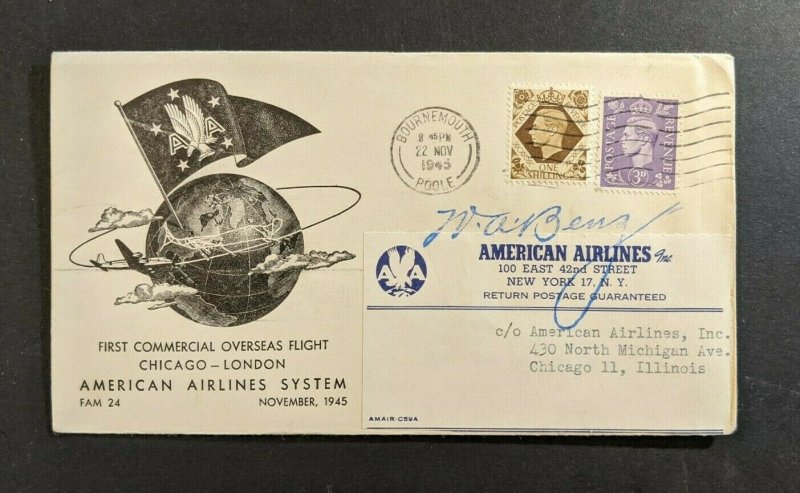 1945 Bournemouth England First Flight Cover Chicago Illinois Pilot Signed