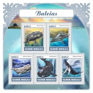 Guinea-Bissau - 2017 Whales - 5 Stamp Sheet - GB17605a