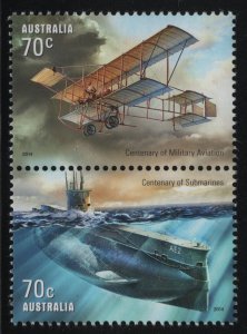 Australia 2014 MNH Sc 4148a 70c Military Airplane, Submarine Centenary Pair