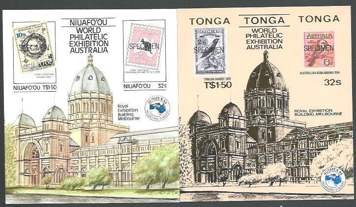 TONGA 1984 Ausipex - pair souvenir sheets optd SPECIMEN....................64878