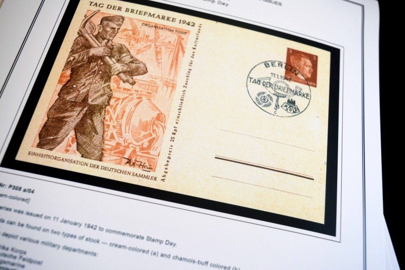 COLOR PRINTED GERMANY III REICH DEFS. POSTCARDS STAMP ALBUM PAGES (78 ill. pgs.)