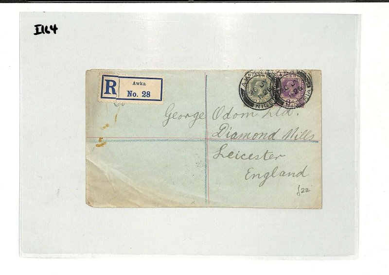 NIGERIA KGV Registered Franking *Awka* Cover GB *Diamond Mills* Leics 1926 GI164