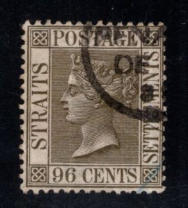 Straits Settlements Scott 57 Used  96 cent Victoria Crown CA wmk top value