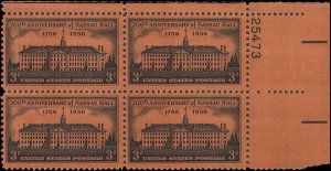 Scott # 1083 1956 3c blk & org  Nassau Hall  Plate Block - Upper Right - Mint 