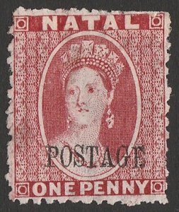 NATAL 1869 'POSTAGE' on QV Chalon 1d, wmk crown CC reversed, SG type 7a. Rare!