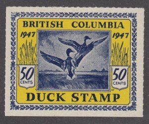 Canada Revenue BCD2 Mint British Columbia Duck Stamp