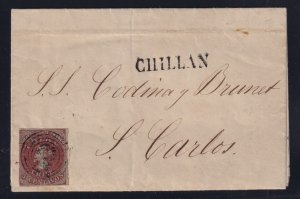 Chile c. 1855 5c brown-red Colon Foldd Cover CHILLAN Straight-Line to San Carlos