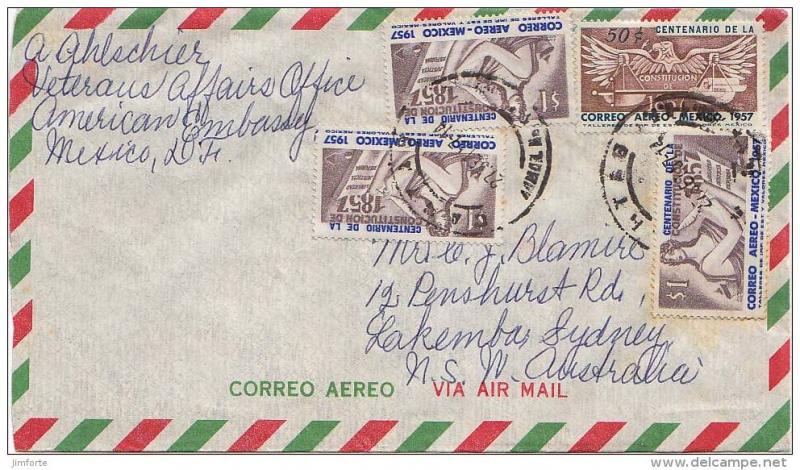 Mexico 50c Eagle Holding Scales and 1P Allegory (3) 1957 Airmail to Lakemba, ...