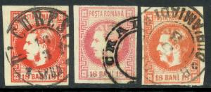 ROMANIA 1868-70 18b Prince Carol Issues 3 Diff SG LISTED SHADE Varieties Sc 36