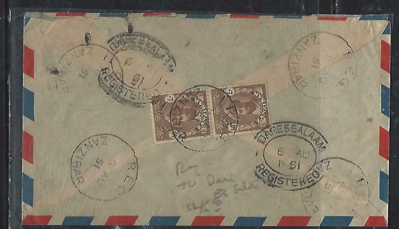 ZANZIBAR  (PP2608B)  1951  COVER   SULTAN 10CX2   TO  DAR ES SALAAM, TANGANYIKA