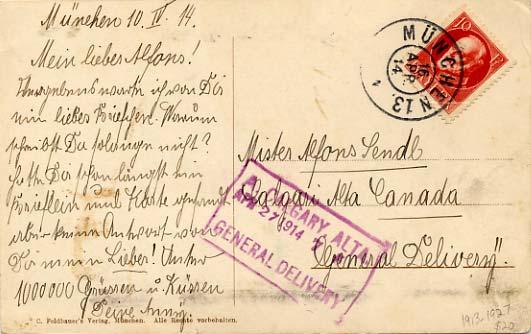 Canada Bavaria 10pf Luitpold 1914 Muncehn 13 PPC to Calgary with A Calgary, A...