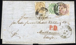 German States, Prussia #14,15,20, 1867 outer FL from Lennep to Mulhouse frank...