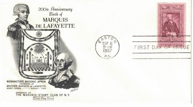 #1097, 3c Lafayette, Masonic Stamp Club of NY cachet