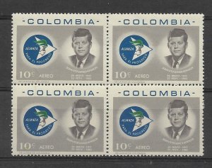 COLOMBIA 1965 ALLIANCE FOR PROGRESS J. F. KENNEDY 1 VALUE IN BLOCK OF 4  MINT NH