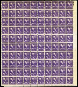 807, MNH 3¢ Misperforated Freak Error - Sheet of 100 Stamps -*- Stuart Katz