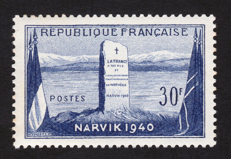 FRANCE #677 BATTLE OF NARVIK ⭐ FLAGS AND MONUMENT ISSUE ⭐ MNH-OG 1952