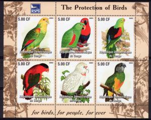 Congo 2003 PARROTS The Protection of Birds RSPB Sheetlet (6) Perforated MNH