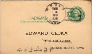 United States Nebraska Wells 1934 4c-bar  1909-1944  Postal Card.