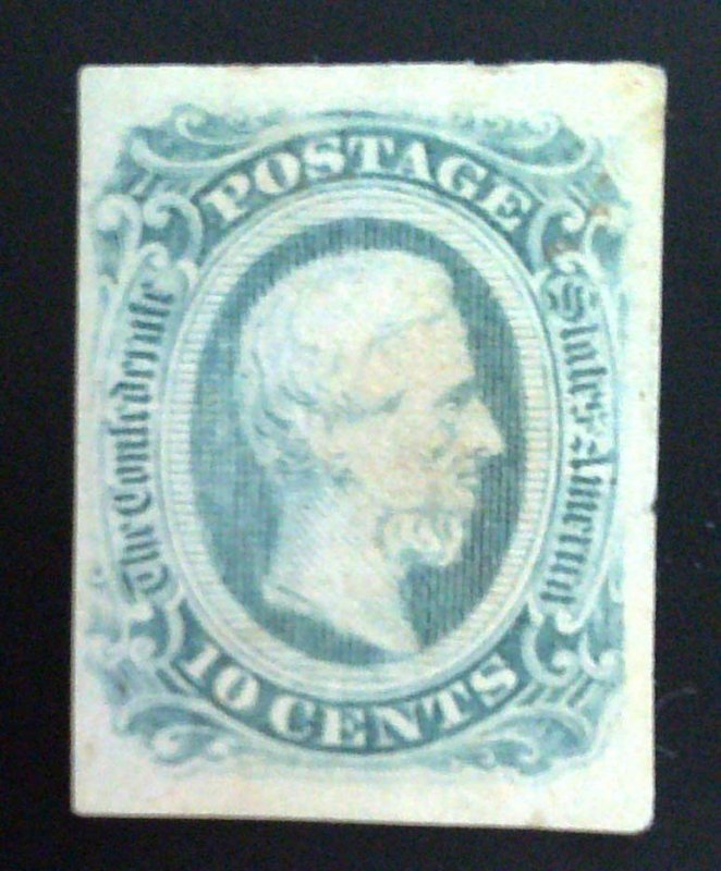 Scott CSA #12c - 10c  Greenish Blue - Jefferson - Unused - Thin - 1863-64