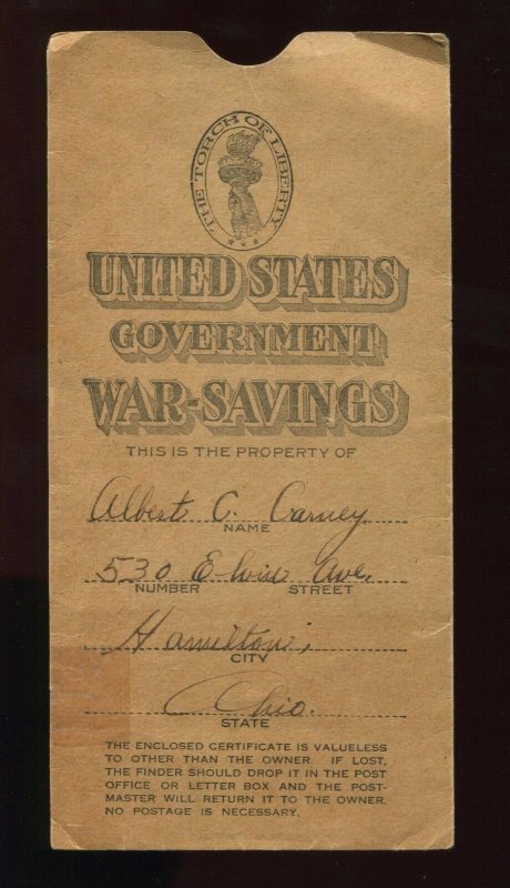 USA WAR SAVINGS CERTIFICATE SERIES OF 1918 CARD  HOLDER