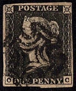 GBR SC #1 U (O,C) P3 1840 Queen Victoria 4 margins w/black MC cancel CV $500.00