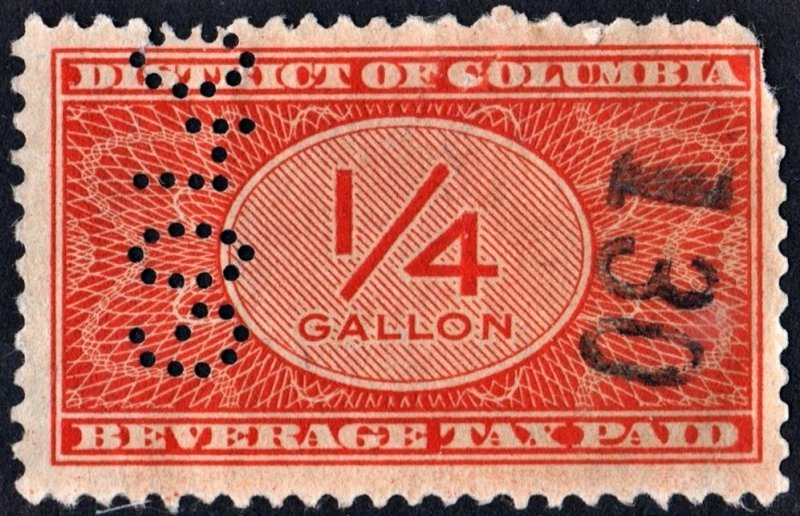 District of Columbia Beverage Tax Stamp: 1/4 Gallon (1934) Perfin/Fault