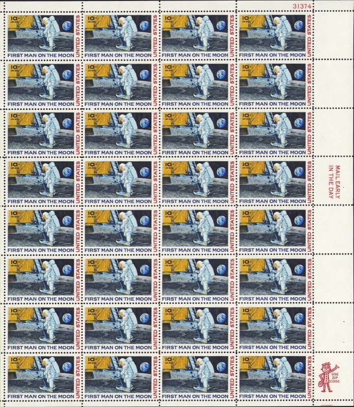 US C76 10¢ Air Post 1st Man on the Moon, Sheet 32 Stamps 1969 Mint Never hinged