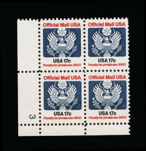EXCEPTIONAL GENUINE SCOTT #O130 VF-XF MINT OG NH OFFICIAL MAIL PLATE BLOCK OF 4