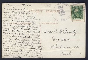 POSTAL HISTORY USA Thompson PA 1912  to Everson Whatcom WASH GENEALOGY POSTCARD