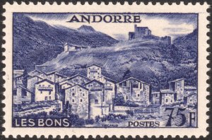 Andorra (French) #142  MOG - 75fr vio-blu Village of Les Bons (1955)