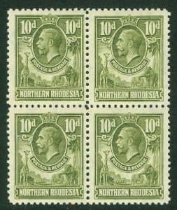 SG 9 Northern Rhodesia 1925-29. 10d olive-green. Fine unmounted mint block...