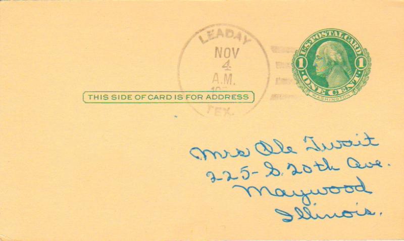 United States Texas Leaday c1950 4f-bar  1905-1988  Postal Card  Philatelic.