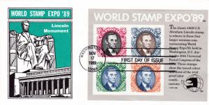 United States 1989 World Stamp Expo Sheet on First Day Cover Abraham Lincoln