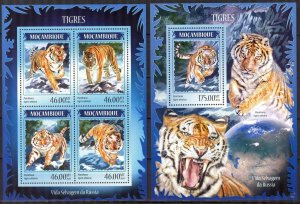 Mozambique 2014 Wild Cats Tigers Sheet + S/S MNH