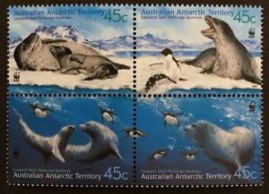 Australian Antarctic Territory  #L118 MNH block of 4, WWF penguins & seals