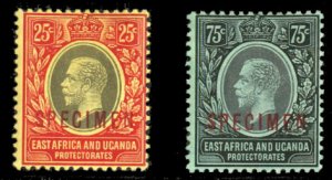 East Africa and Uganda #60-61S (SG 50as, 52as) Cat£78, 1914 25c and 75c, Sur...