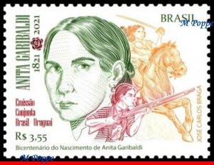 21-11 BRAZIL 2021 ANITA GARIBALDI, HEROINE, JOINT ISSUE WITH URUGUAY, HORSE, MNH