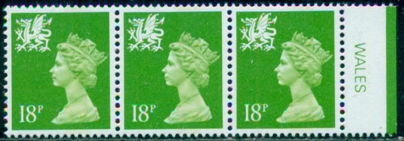 GREAT BRITAIN WALES SG-W48, SCOTT WMMH-34 STRIP OF 3, MINT, OG, NH, GREAT PRICE!