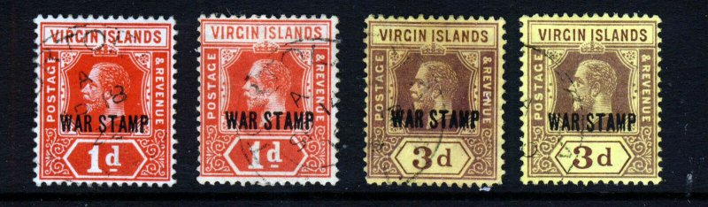 VIRGIN ISLANDS King George V 1916-19 WAR STAMP Set SG 78, 78a, 79a & 79b VFU