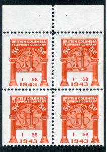 van Dam BCT139 -1943, 5c, orange, block of 4, Watermarked, BC Telephone, Canada