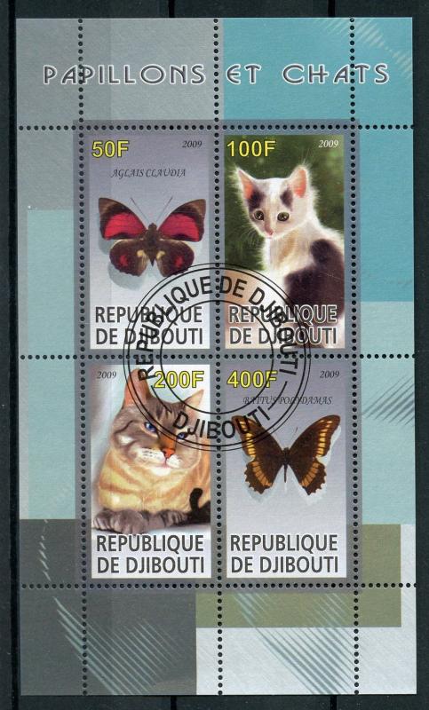 Djibouti 2009 CTO Butterflies & Cats 4v M/S I Papillons Chats Butterfly Stamps