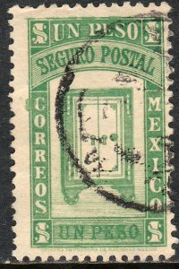 MEXICO G9, $1PESO INSURED LETTER. USED. F-VF (1129)