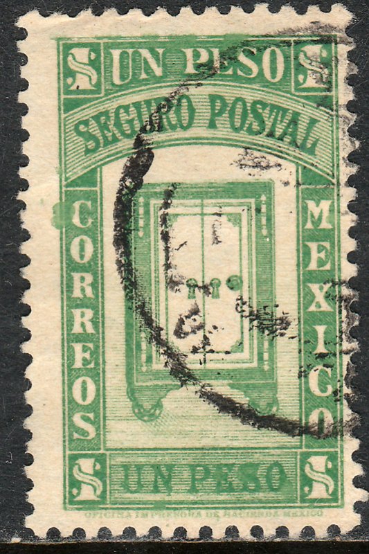 MEXICO G9, $1PESO INSURED LETTER. USED. F-VF (1129)