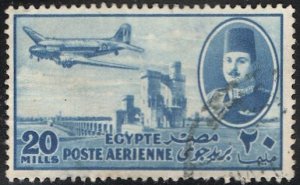 EGYPT  1947 Sc C45 Used 20m Airmail, King Farouk & Airplane