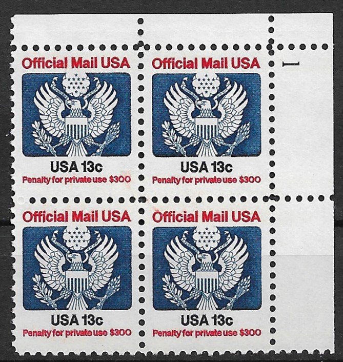 1983 USA O129 Official Mail 13¢ PB4 MNH