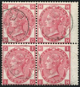 GB 1867 3d sg103 plate 8 block of 4 superb used each Sutton Ely 1872 cds