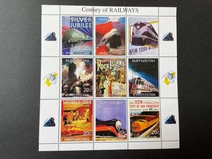 (SD) KYRGYZSTAN 1999 : HISTORY OF TRAINS AND RAILWAYS - MNH VF SHEET OF 9