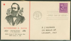 US 824 (1938) 19c Rutherford B Hayes (part of the presidential-prexy series) single on an addressed First Day cover with a Linpr