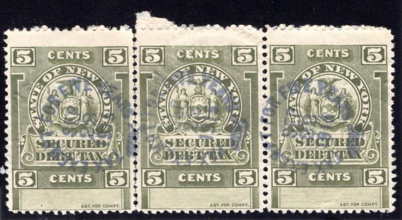 SRS NY SCD2, 1911 5c olive green, embossed cancels on all 3
