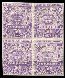 Colombia, Colombian States - Cundinamarca #7, 1882 50c purple, block of four,...